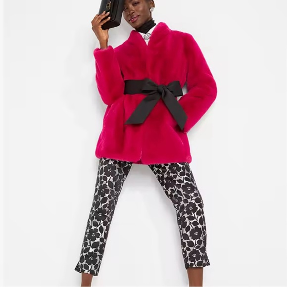 kate spade ♠️- $568 Bow-waist Faux Fur Coat in, “Rosa Plum”, Size Medium, NWT - Picture 3 of 16
